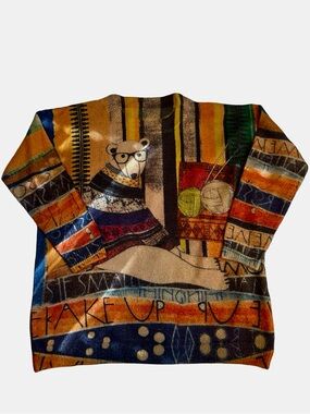 Women's Multicolor Graphic Crewneck Sweater with Bear Motif